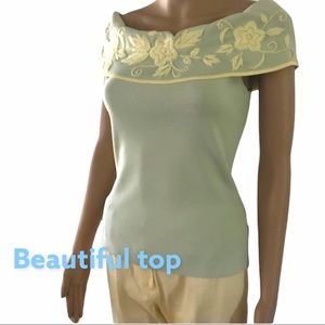 BCBG celery/yellow off shoulder Embroidered top